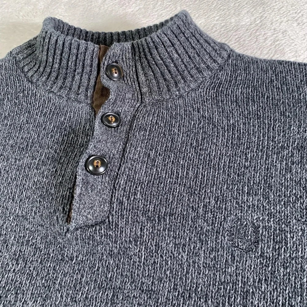 Chaps Sweater Mens Large Gray Henley Mock Neck Elbow‎ Patch Cotton Knit Pullover
